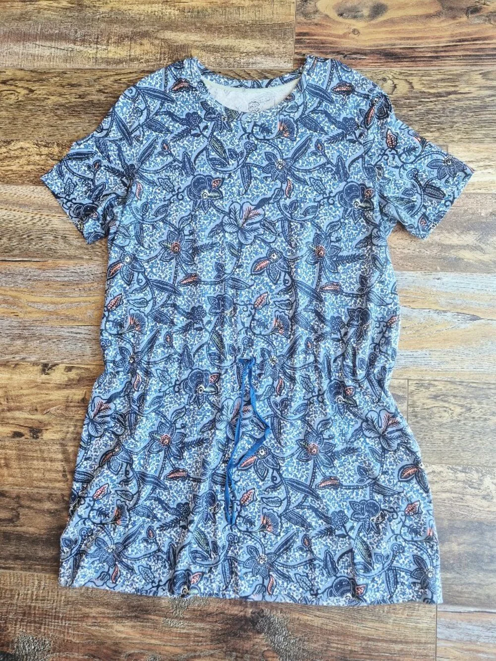 Tory Burch Floral Dropwaist Drawstring Dress Short Sleeve Blue Knit Pima Cotton